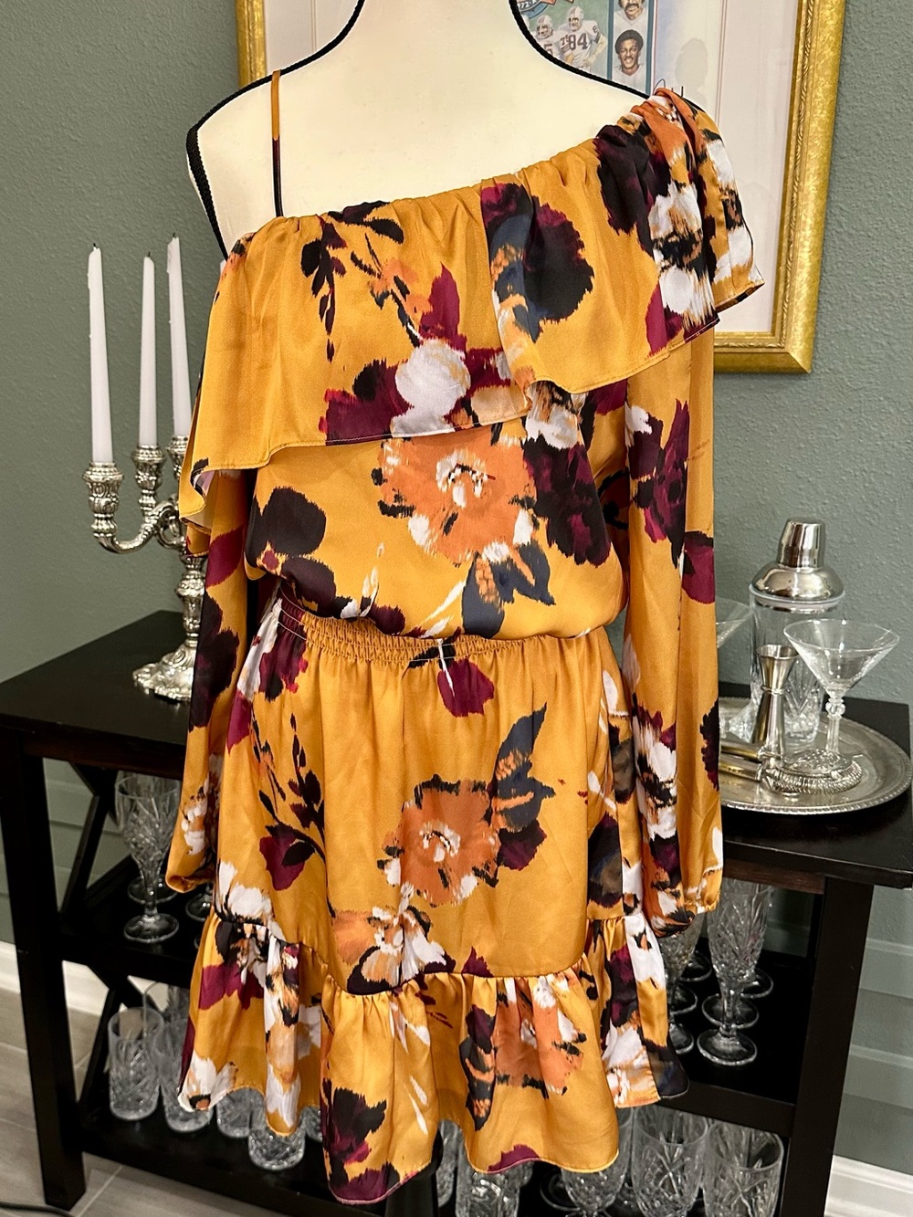 Boston Proper Floral Ruffle Dress in Mustard